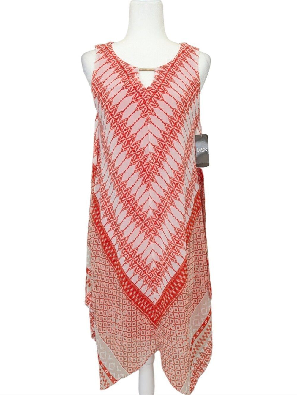 MSK Womens Tan Red Geometric Sleeveless V-Neck Handkerchief Hem Dress NWT Size 6